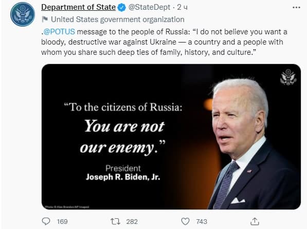 Байден обратился к россиянам. Скриншот из твиттера