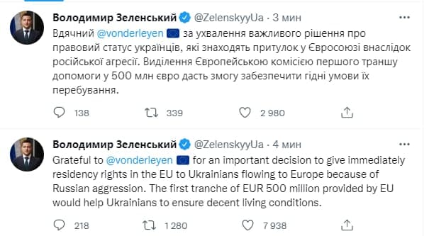 ЕС выделил сотни миллионов для поддержки украинских беженцев. Скриншот из твиттера Зеленского