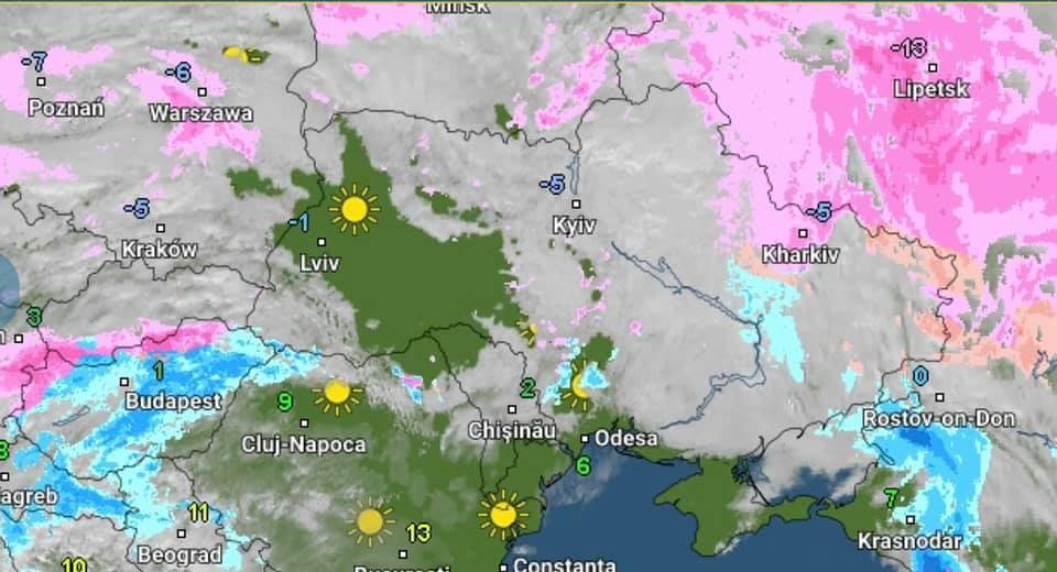 Синоптическая карта с приближающимся в Украину циклоном 