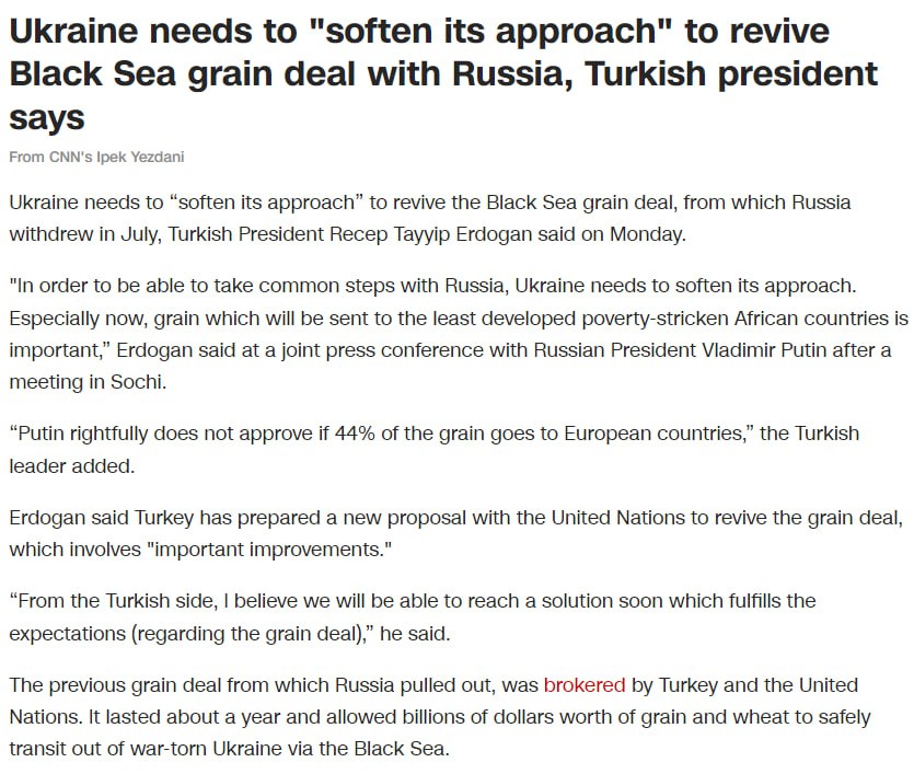 Эрдоган считает, что Украине надо смягчить подход к зерновой сделке
