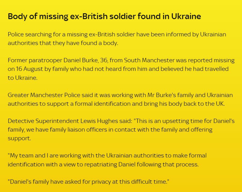В Украине нашли тело пропавшего британского добровольца
