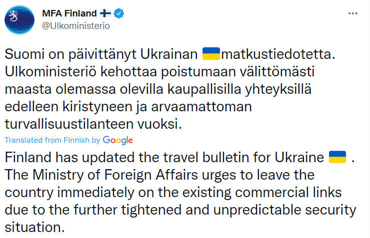 Финляндия призвала своих граждан покинуть Украину