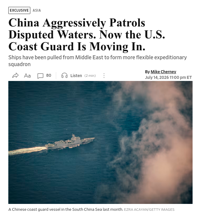 Снимок заголовка на wsj.com &ndash; Береговая охрана США отвела катера от Ирана для сдерживания Китая