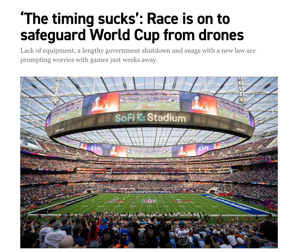 Снимок заголовка на politico.com – В США опасаются атаки дронов на чемпионате FIFA-2026