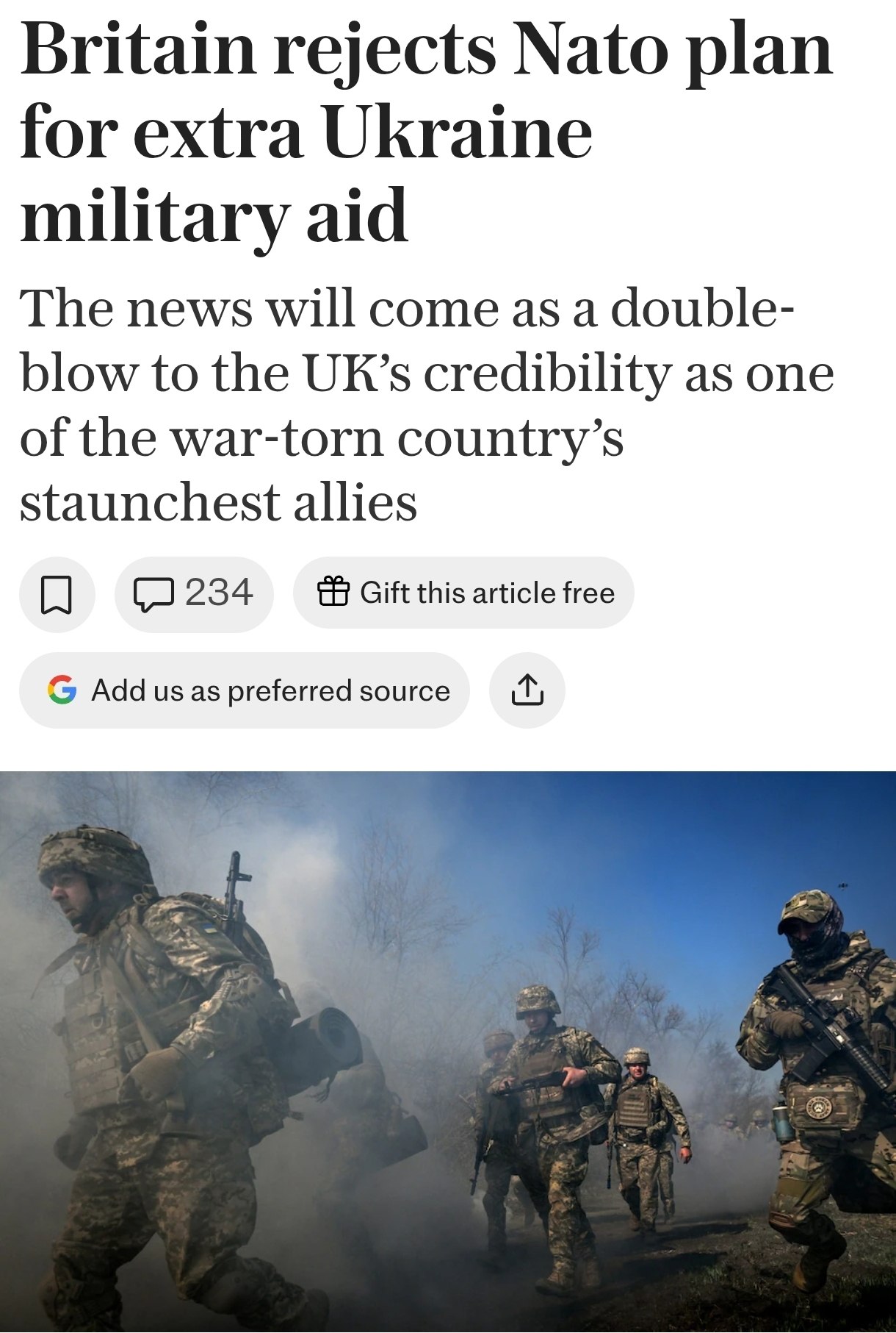 Снимок заголовка на telegraph.co.uk – Британия, Франция и ещё три страны заблокировали предложение НАТО о ежегодной помощи Украине