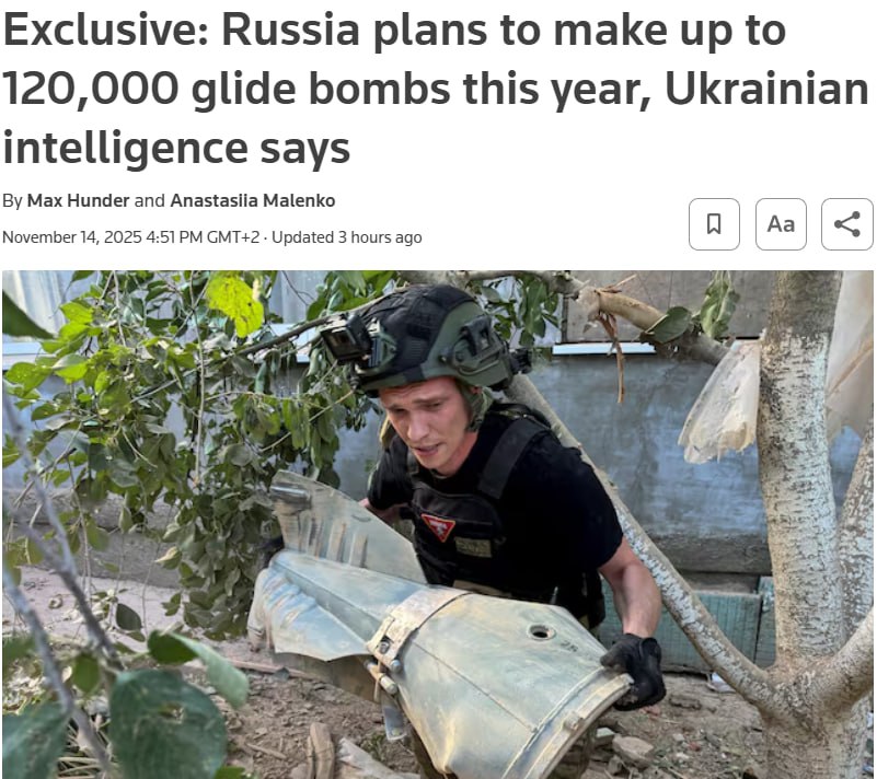 Знімок заголовка на reuters.com - Росія збільшує виробництво авіабомб для війни з Україною