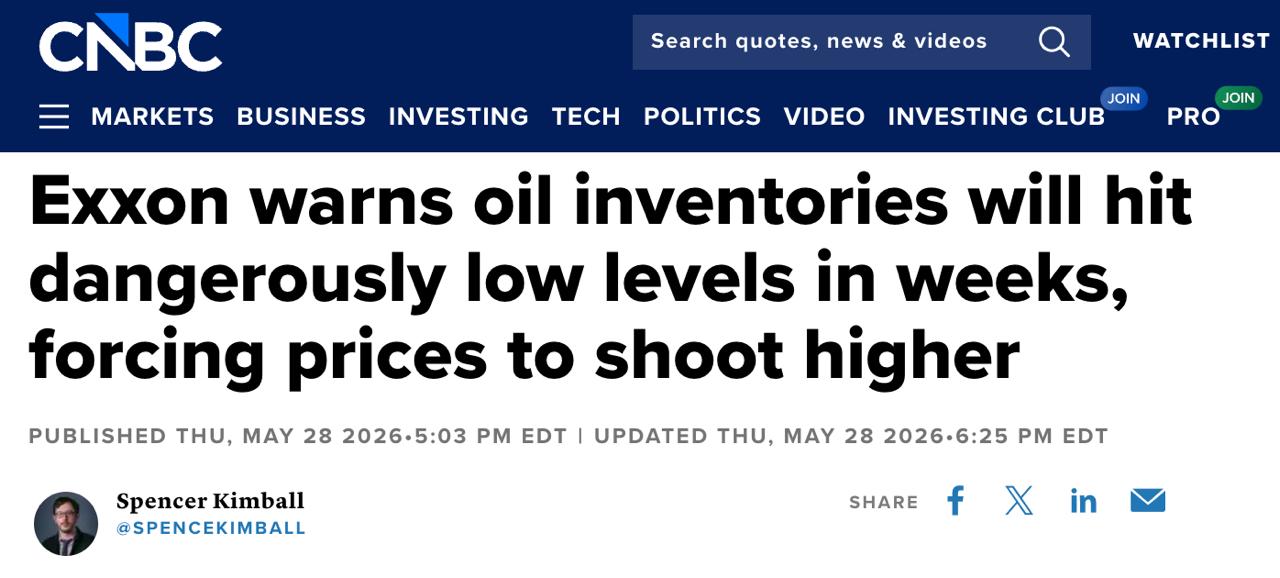 Снимок заголовка на cnbc.com – Мировые запасы нефти истощились до критического уровня из-за войны США с Ираном