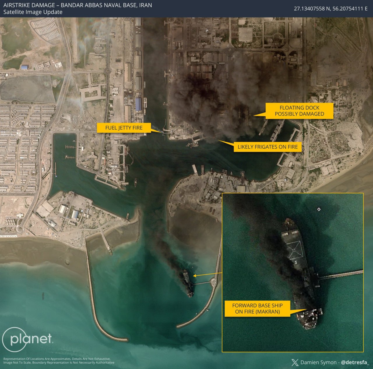 Фото палаючих військово-морської бази та авіаносця в Ірані. Джерело &ndash; planet.com