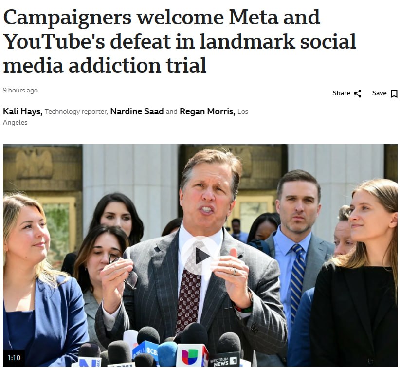 Снимок заголовка на bbc.com &ndash; присяжные США признали Meta и Google виновными в нанесении вреда ребёнку