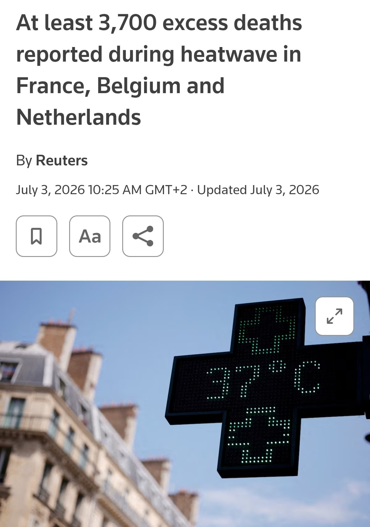 Снимок заголовка на reuters.com – От жары в Европе умерли 3700 человек