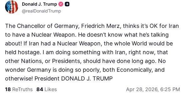 Снимок сообщения на truthsocial.com – Трамп раскритиковал Мерца за позицию ФРГ в отношении Ирана
