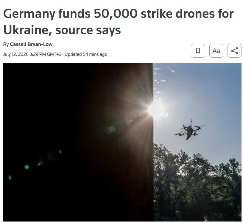 Снимок заголовка на reuters.com &ndash; Германия профинансирует закупку 50 тысяч дронов для Украины