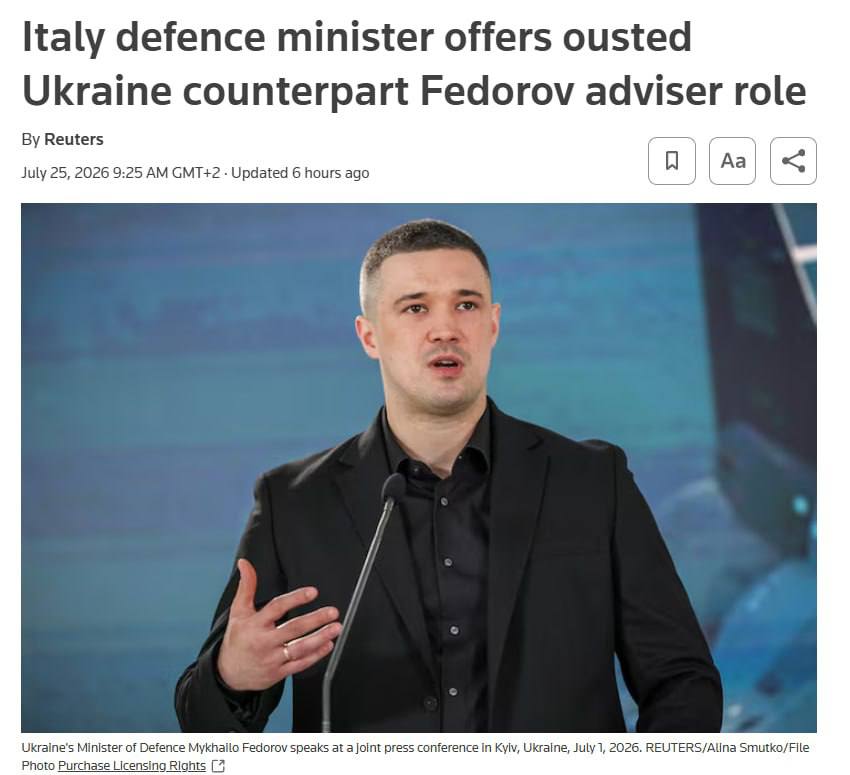 Снимок заголовка на reuters.com – Фёдорову предложили должность в Минобороны Италии