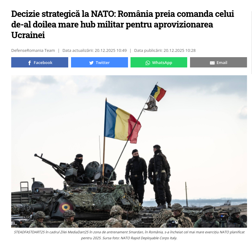 Снимок заголовка на defenseromania.ro - НАТО откроет второй логистический хаб для снабжения Украины оружием на территории Румынии