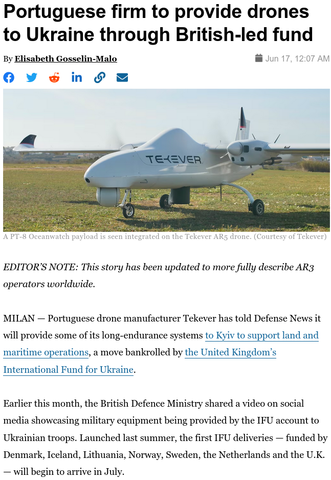 Португалия передаст Украине беспилотники Tekever