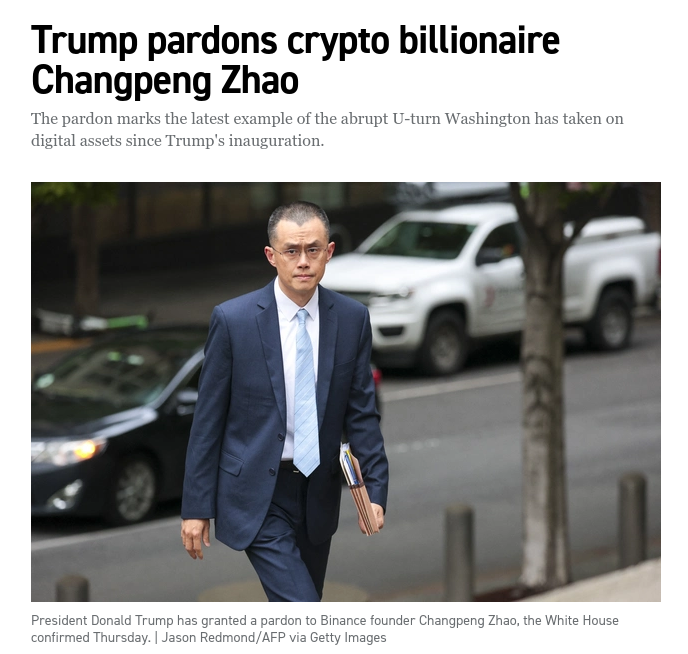 Снимок заголовка на politico.com - Трамп помиловал криптовалютчика Чанпэна Чжао, обвинённого при Байдене