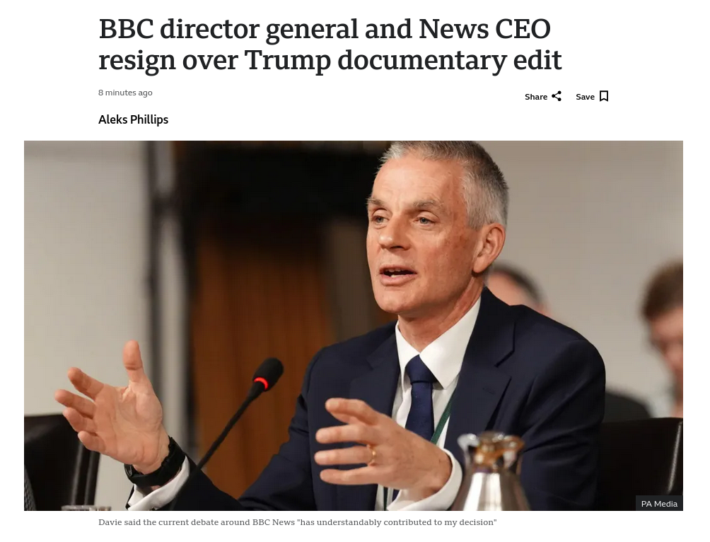 Снимок заголовка на bbc.com - гендиректор медиакорпорации Тим Дэви увольняется после скандала с Трампом