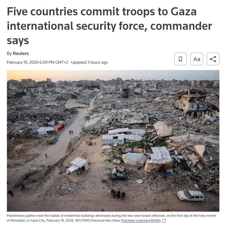 Снимок заголовка на reuters.com &ndash; Пять стран направят миротворцев в сектор Газа