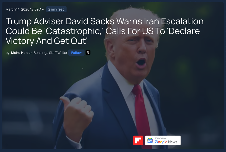 Знімок заголовка на benzinga.com &ndash; Трампа закликають зупинити війну з Іраном