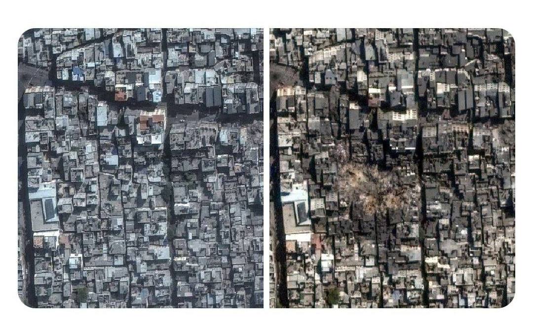 Сдвоенное фото жилых построек до и после ударов Израиля