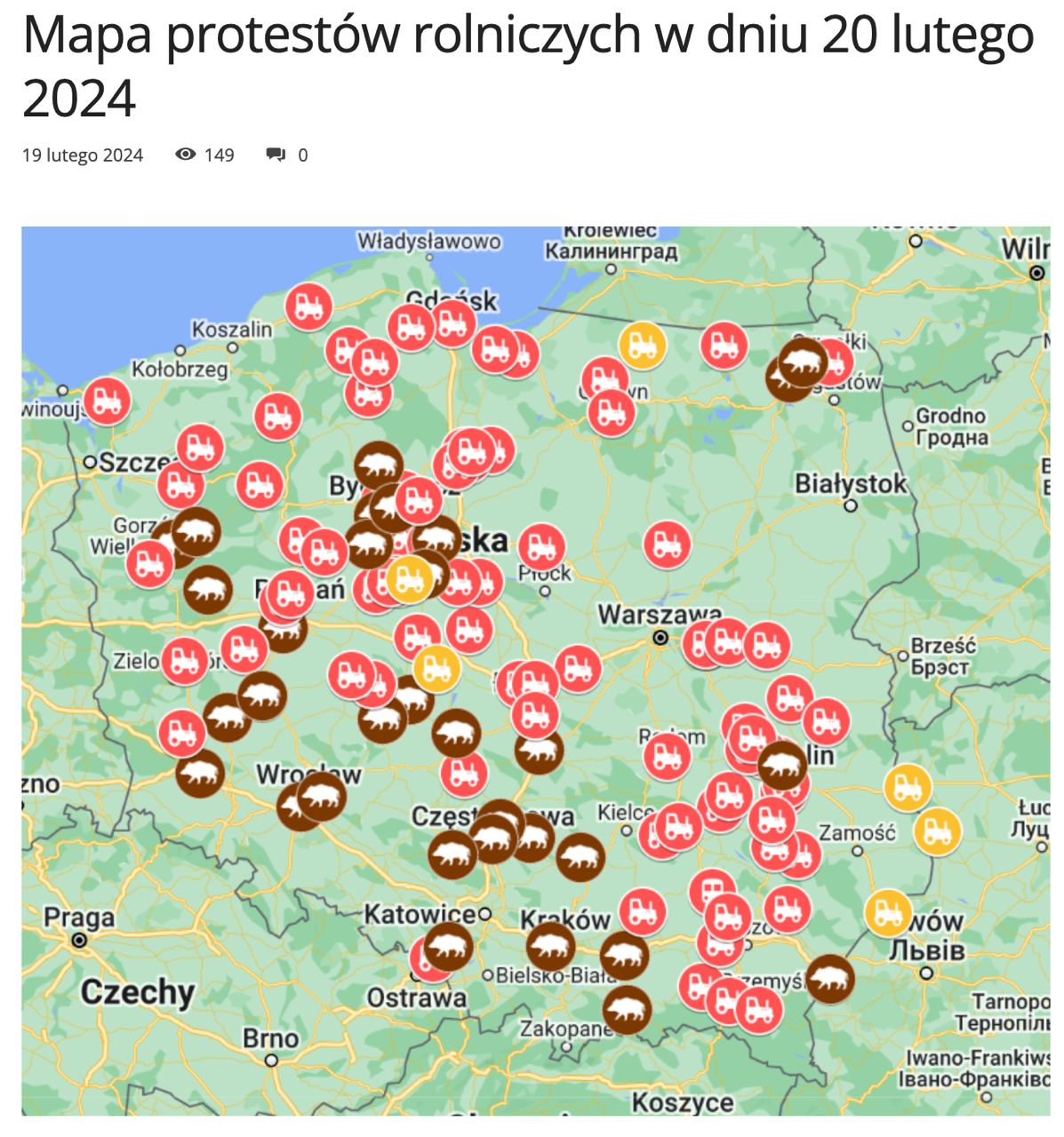 Карта протестов в Польше. Источник - соцсети