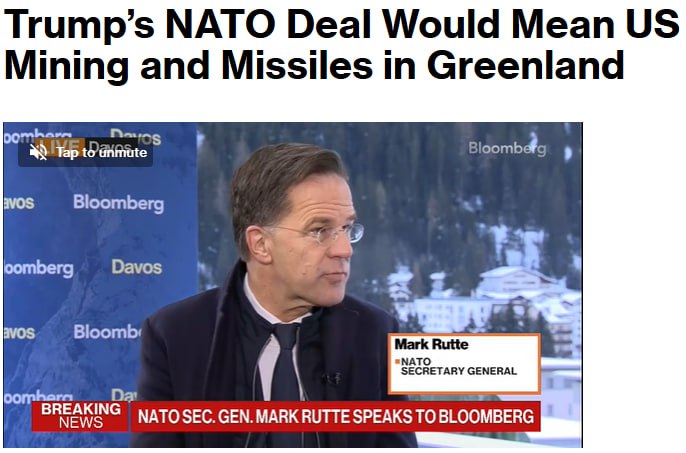 Снимок заголовка на bloomberg.com - США получили доступ к недрам Гренландии по договору с НАТО