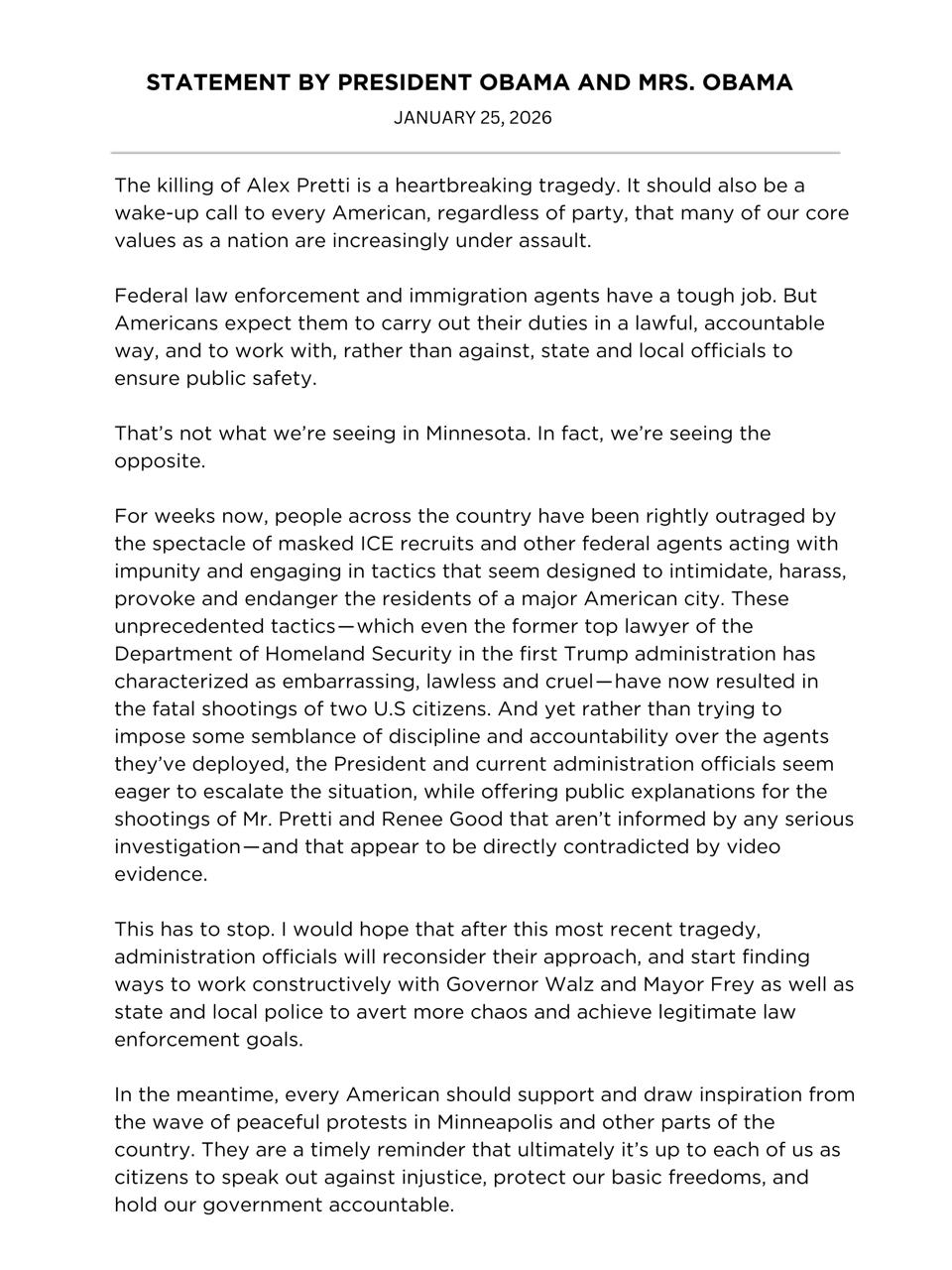 Знімок заяви Барака Обами та його дружини про дії міграційної служби у США