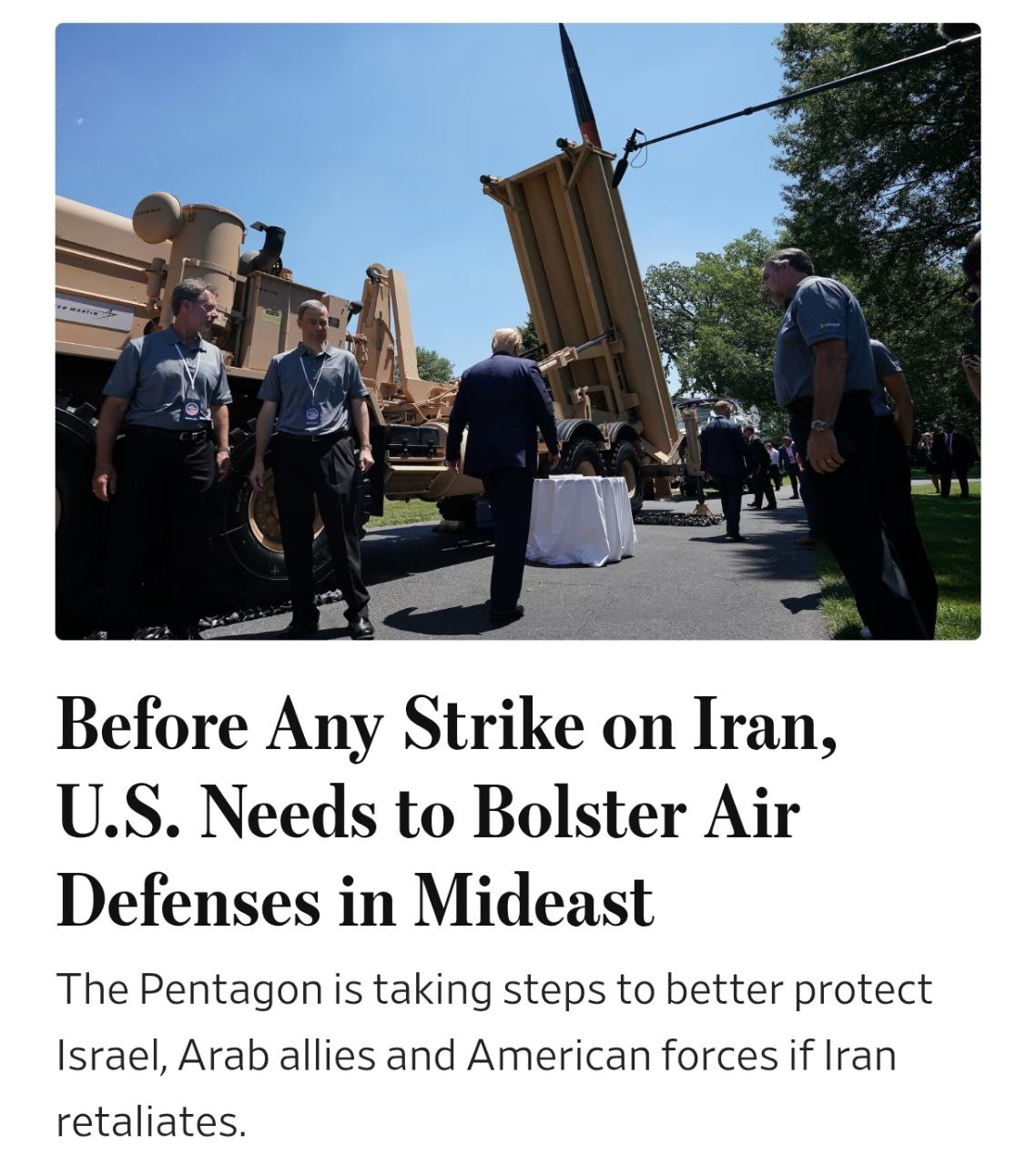 Знімок заголовка на wsj.com - США зміцнять систему ППО на Близькому Сході, перш ніж атакувати Іран.