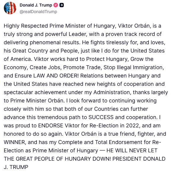 Знімок повідомлення на truthsocial.com - Трамп підтримав Орбана під час виборів в Угорщині